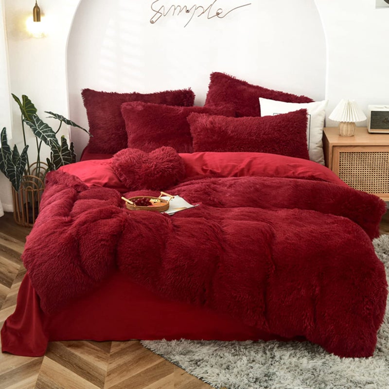 MorroMorn 5 PCS Shaggy Duvet Cover Bedding Set - Fluffy Comforter Cover Long Faux Fur Luxury Ultra Soft Cozy (Dark Red, King/California King) - Image 1